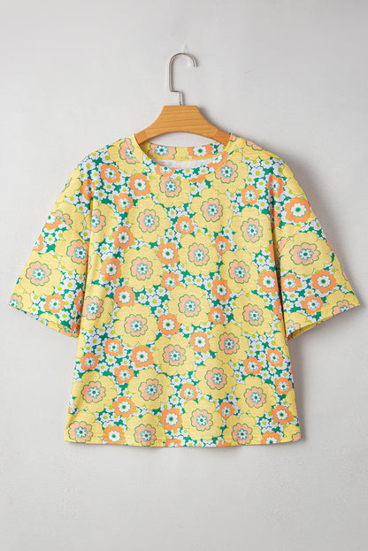 T-shirt ample jaune à fleurs, manches chauve-souris, col rond, coupe ample