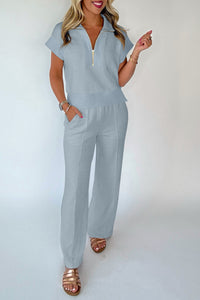 Ensemble détente femme polo zippé et pantalon large bleu clair