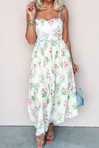 Robe midi crème à fleurs multicolores, bretelles à nouer, coupe évasée