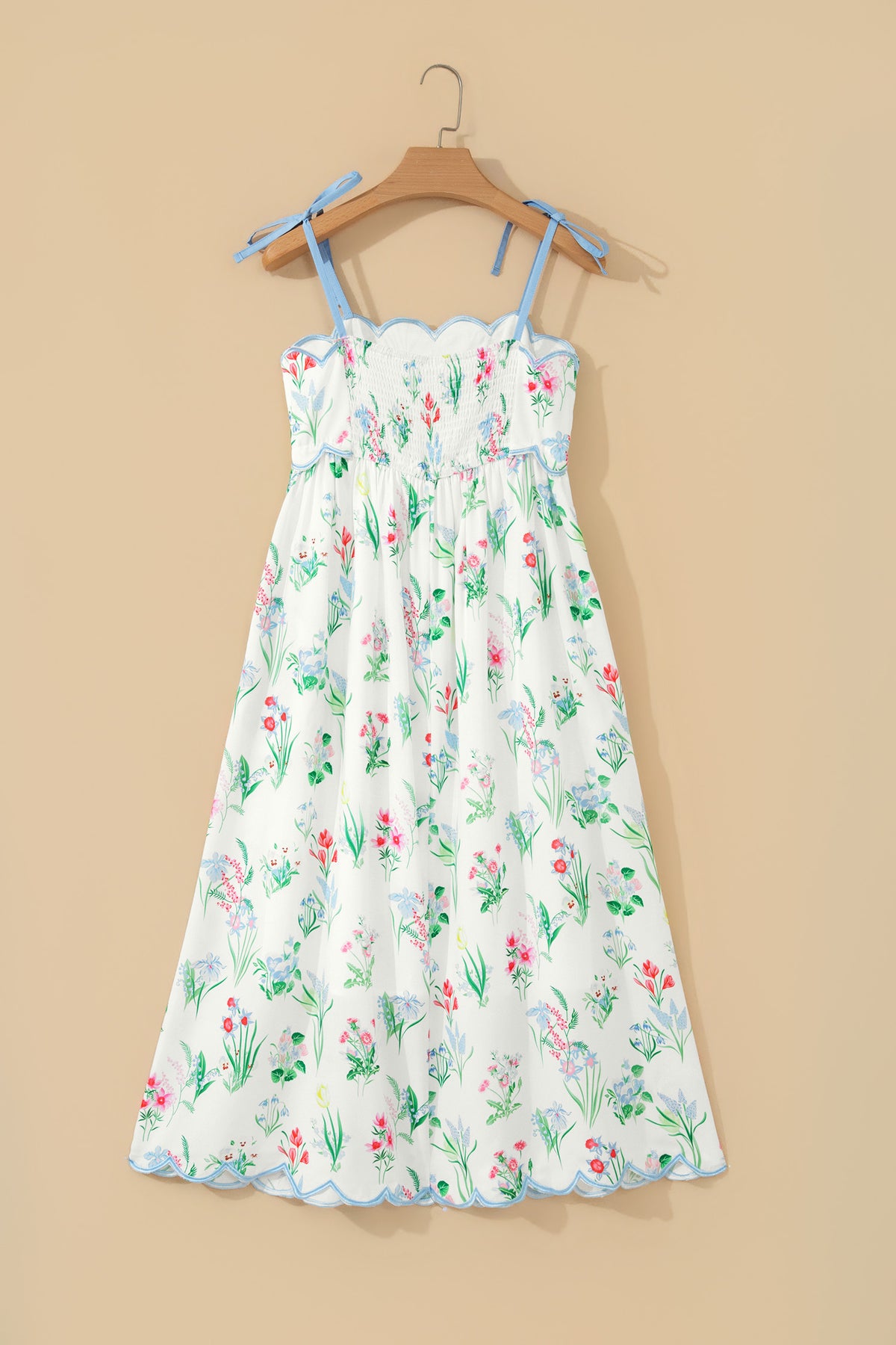 Robe midi à bretelles nouées, taille haute, imprimé floral multicolore sur fond clair