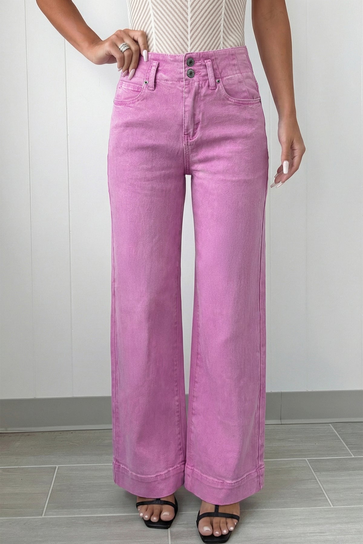 Jean Large Taille Haute Double Bouton – 4 Coloris