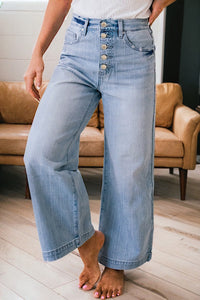 Jean Large Bleu Clair à Rayures Fines et Multi-Boutons