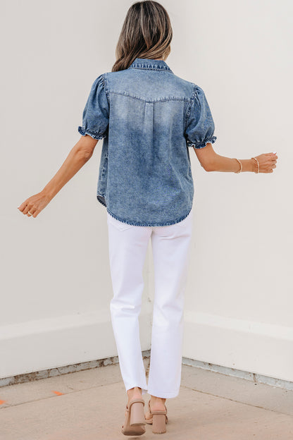 Chemisier en Denim Femme Manches Courtes Boutons-Pression – Bleu