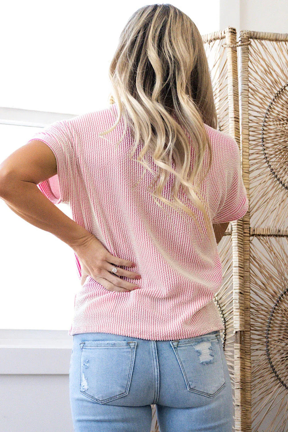 T-Shirt Femme Maille Côtelée Color Block Poche - Bleu Marine & Multicolore - Oléna-Fashion