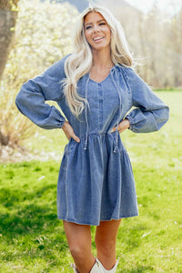 Robe en jean bleu denim pour femme, manches bouffantes et col V avec volants
