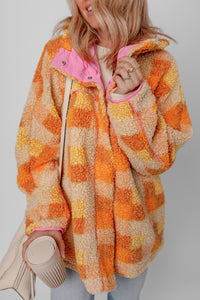 Veste à capuche sherpa orange à carreaux, fermeture boutonnée, doublure rose