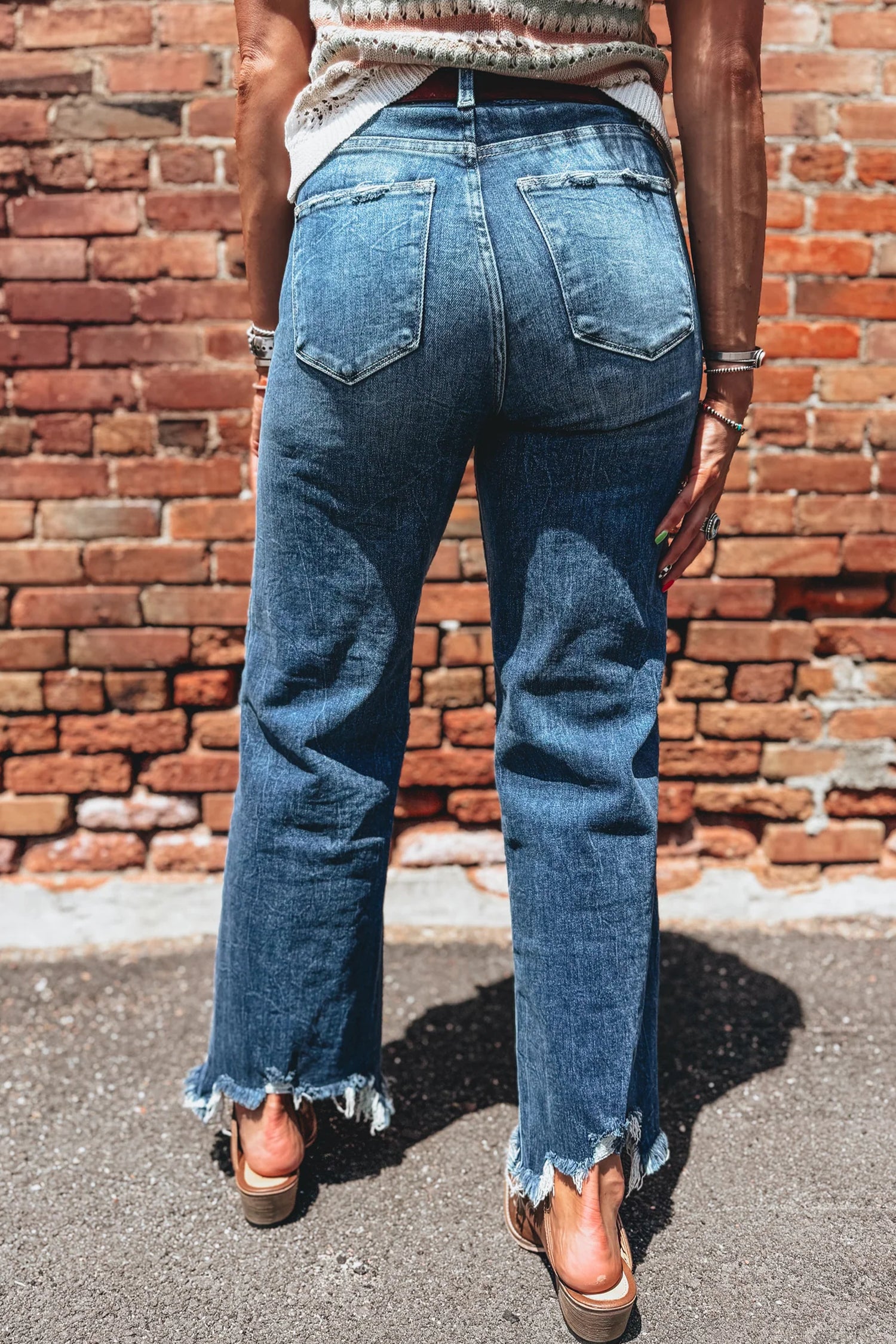 Jean Flare Taille Haute Bleu Moyen à Ourlet Effiloché
