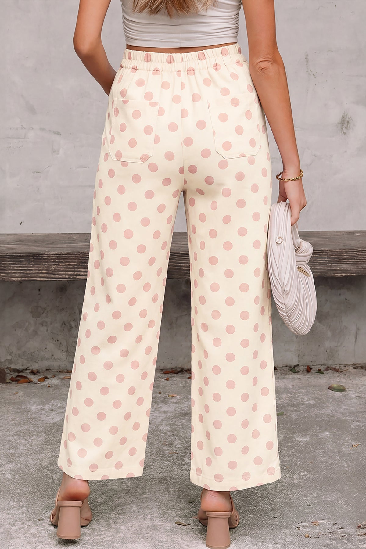 Pantalon Large à Pois Taille Mi-Haute Poches Plaquées – 4 Coloris