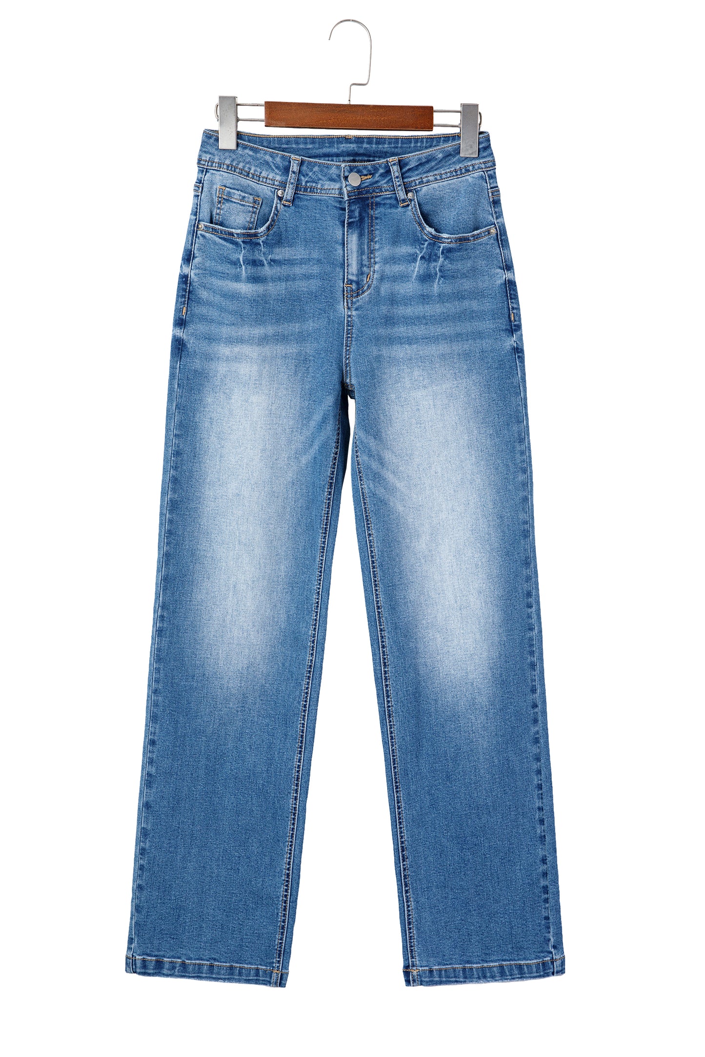 Jean droit femme en denim bleu, taille haute, poches avant