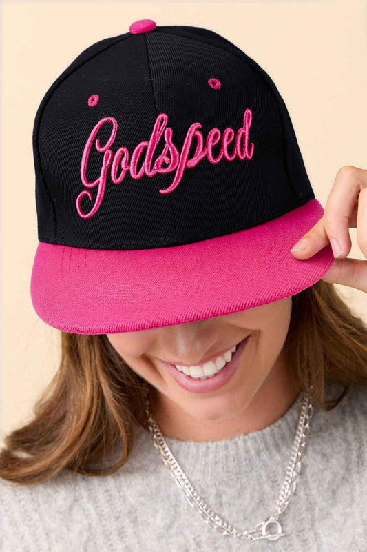 Casquette de baseball noire à visière rose, broderie «Godspeed».