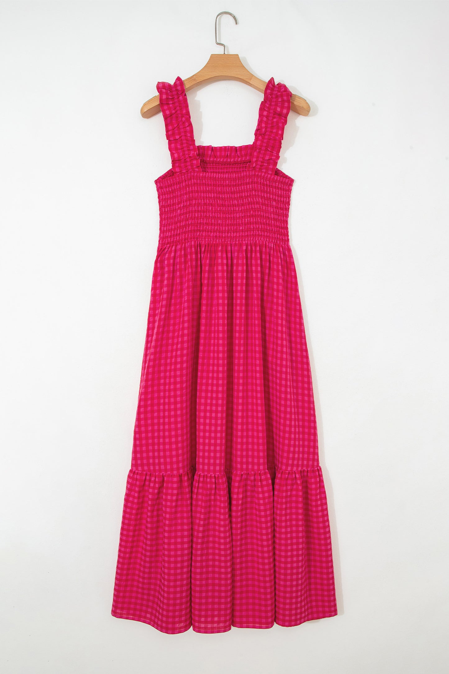 Women's Red Checked Square Neck Smocked Maxi Dress with Pockets