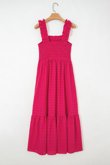 Women's Red Checked Square Neck Smocked Maxi Dress with Pockets