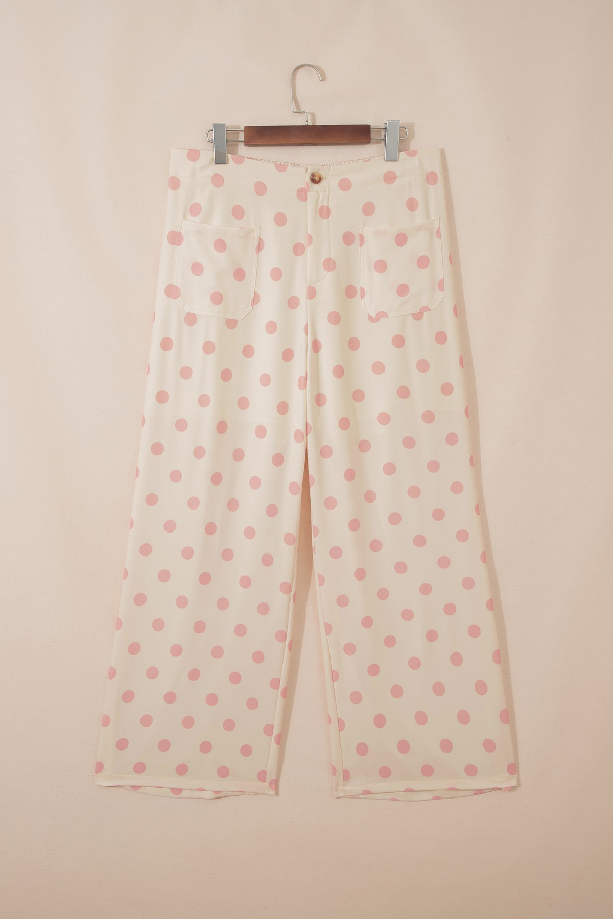 Pantalon Large à Pois Taille Mi-Haute Poches Plaquées – 4 Coloris