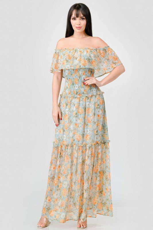 Floral Chiffon Off Shoulder Smocked Back Ruffled Tiered Maxi Dress - Premium  - Shop now at Oléna-Fashion