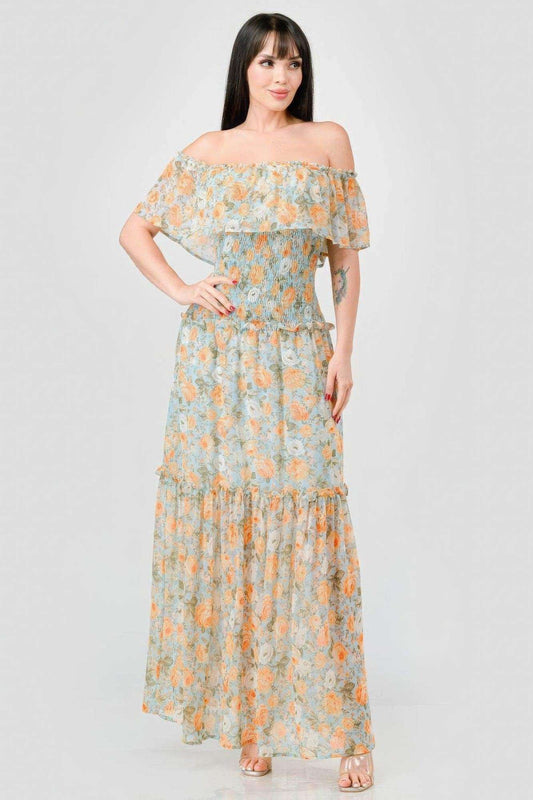 Floral Chiffon Off Shoulder Smocked Back Ruffled Tiered Maxi Dress - Premium  - Shop now at Oléna-Fashion