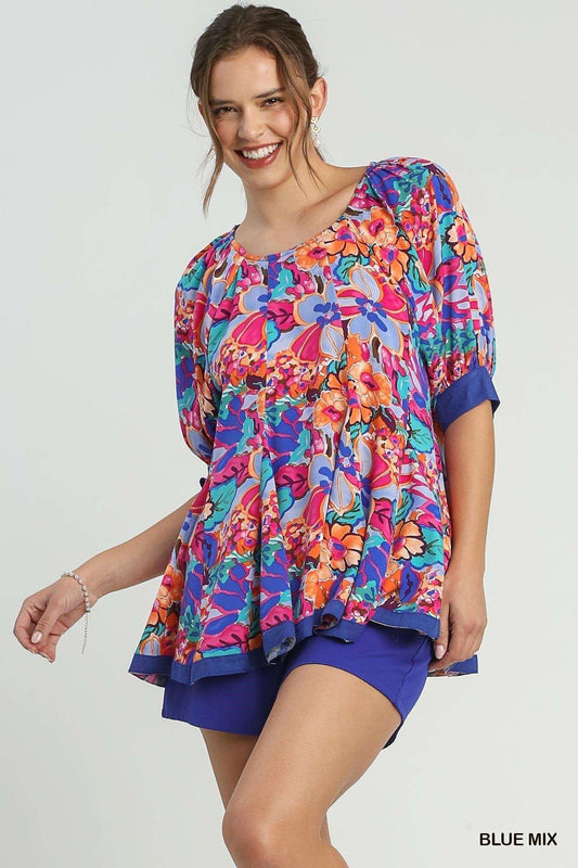 Floral Print Round Neck Pleated Baby Doll Top With 3/4 Sleeves - Premium  - Shop now at Oléna-Fashion