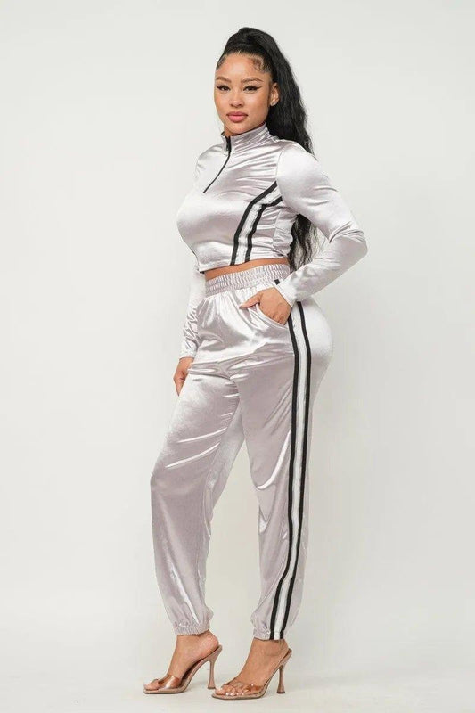 Front Zip Up Stripes Detail Jacket And Pants Set - Premium  - Shop now at Oléna-Fashion