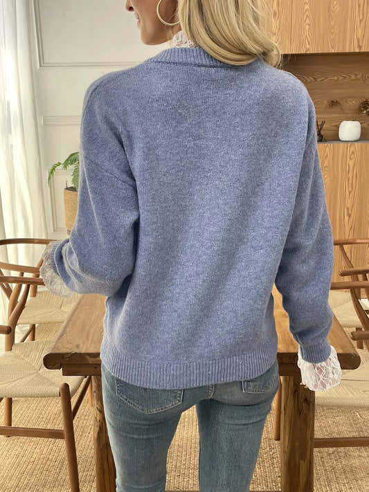 Gilet boutonné à bordure en dentelle bleu poudré pour femme – vue 2