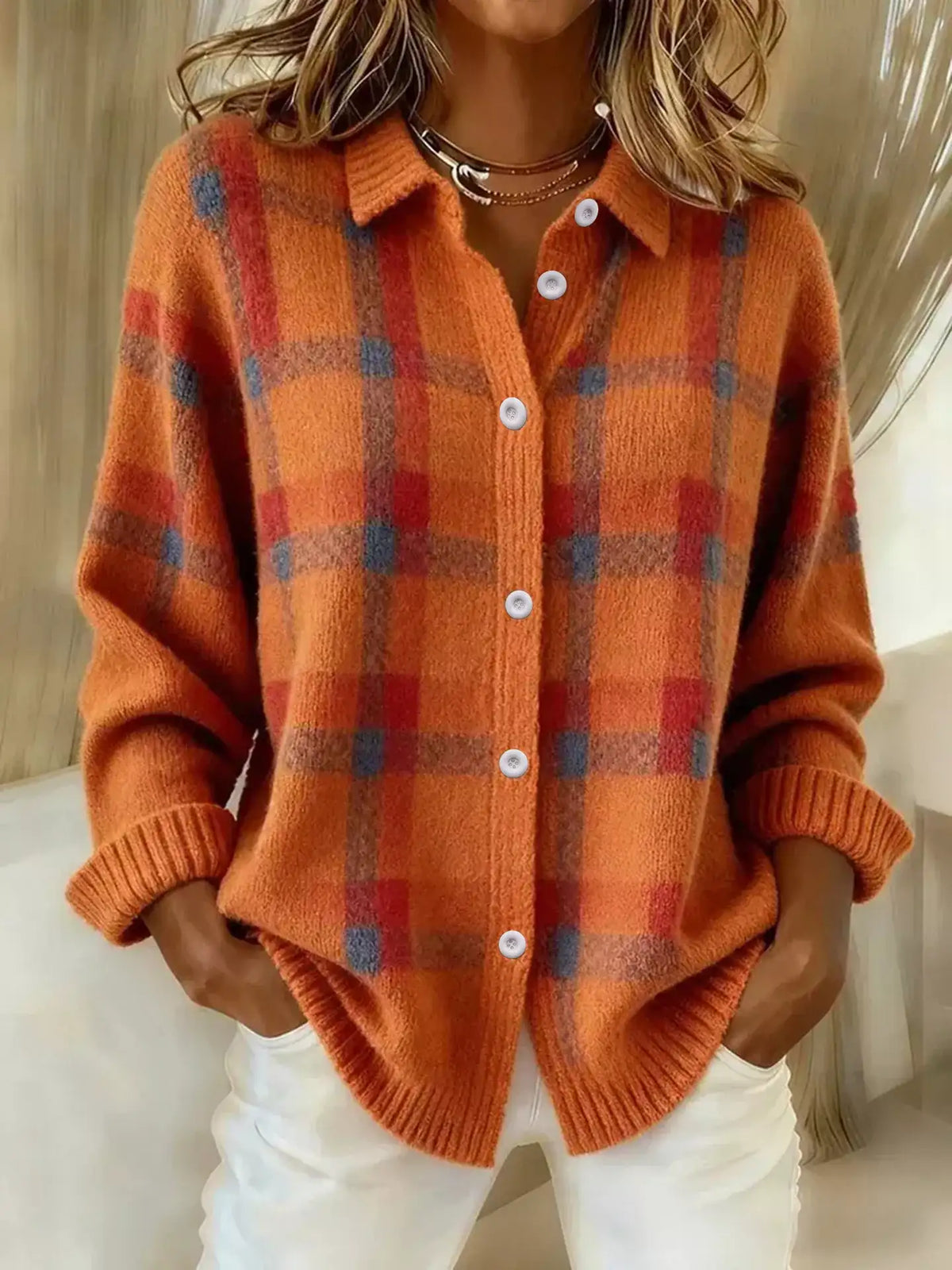 Gilet femme à carreaux boutonné en maille – vue 1