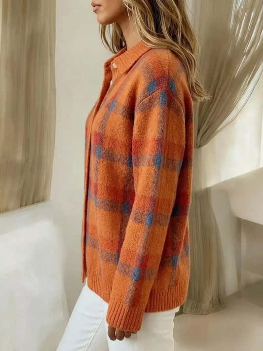 Gilet femme à carreaux boutonné en maille – vue 2