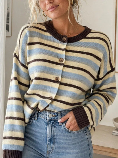 Gilet femme rayé à col rond et boutons jaune – vue 1