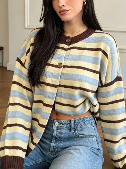 Gilet femme rayé à col rond et boutons jaune – vue 4
