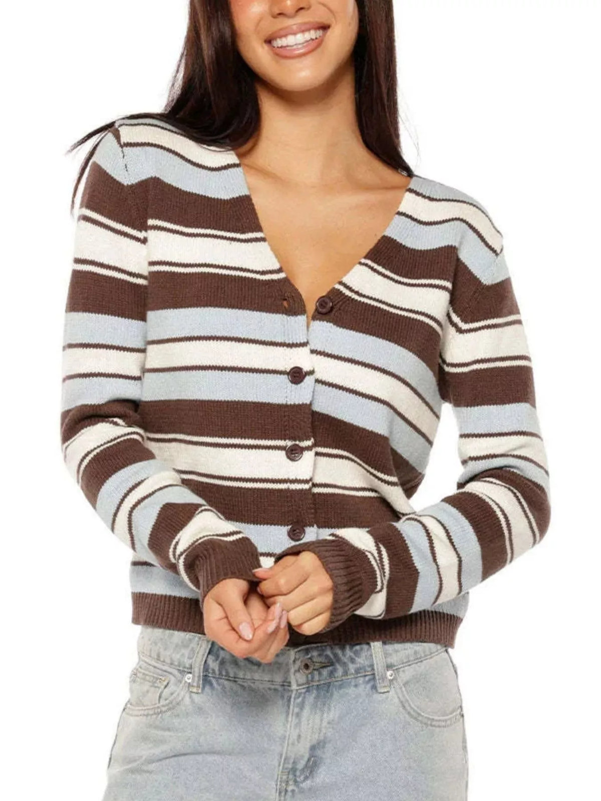 Gilet femme rayé à col en V et boutons marron – vue 1