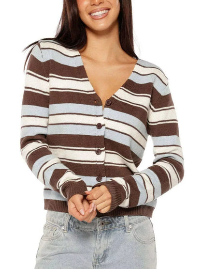 Gilet femme rayé à col en V et boutons marron – vue 1