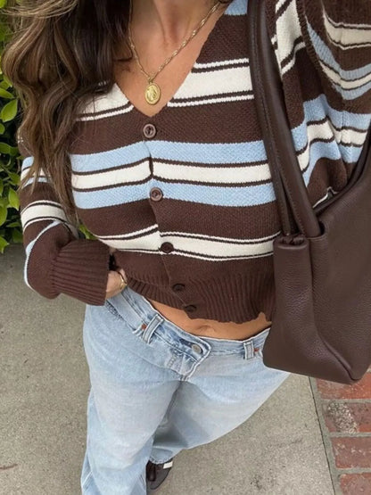 Gilet femme rayé à col en V et boutons marron – vue 4