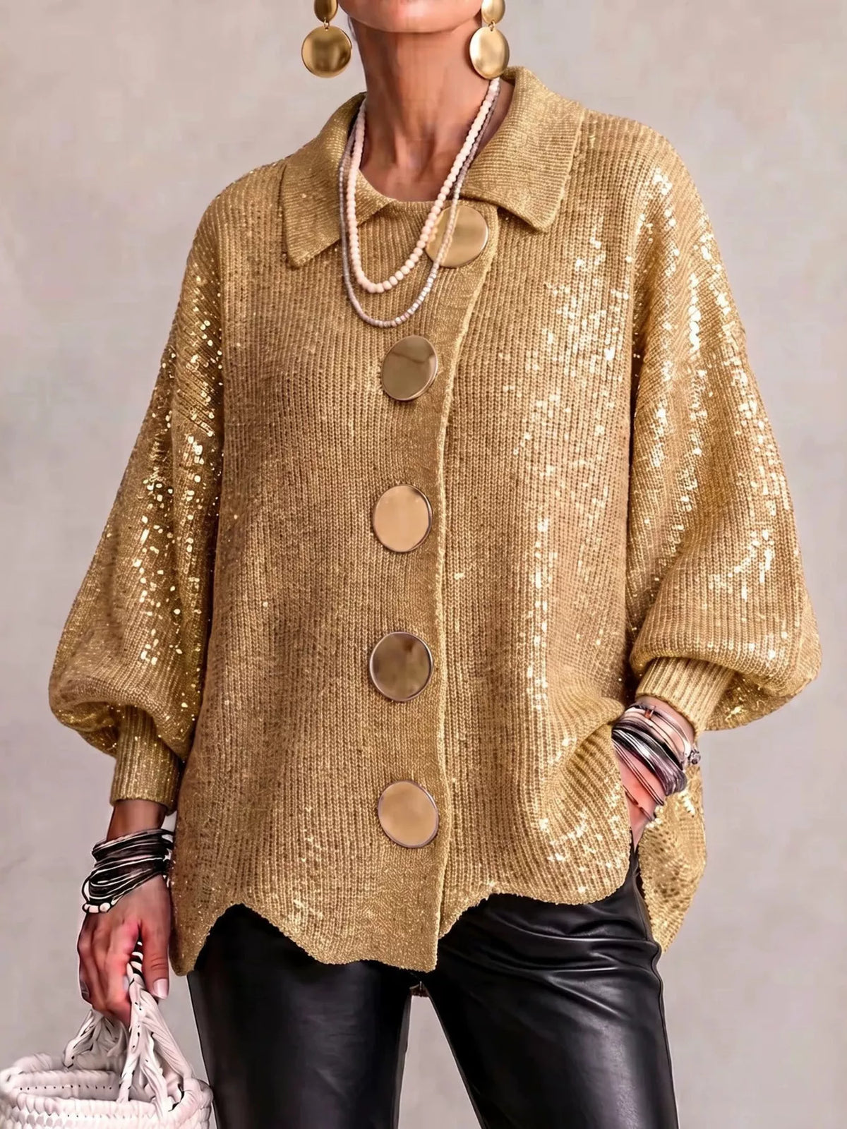 Gilet long femme en maille, col montant et ourlet ondulé – vue 1