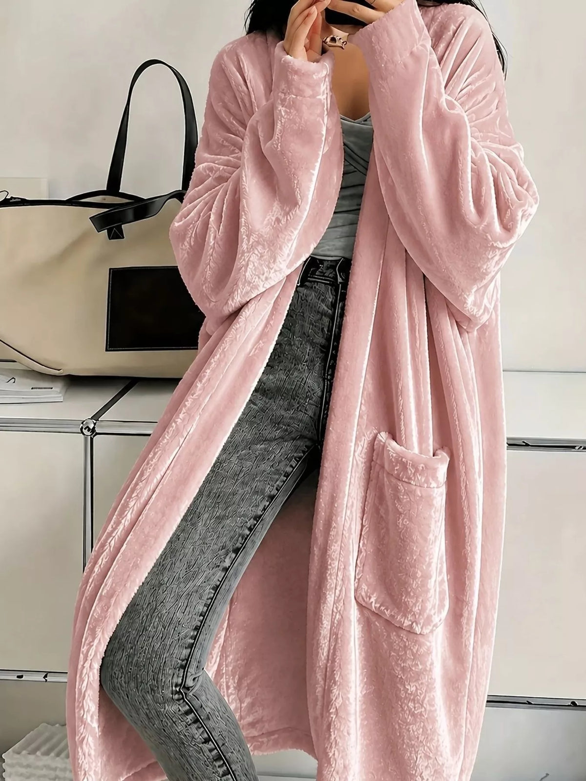 Gilet long en velours ouvert sur le devant pour femme – vue 1
