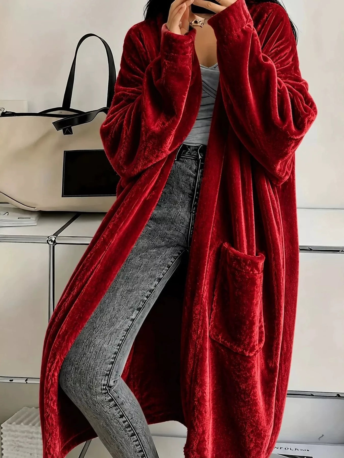 Gilet long en velours ouvert sur le devant pour femme – vue 10