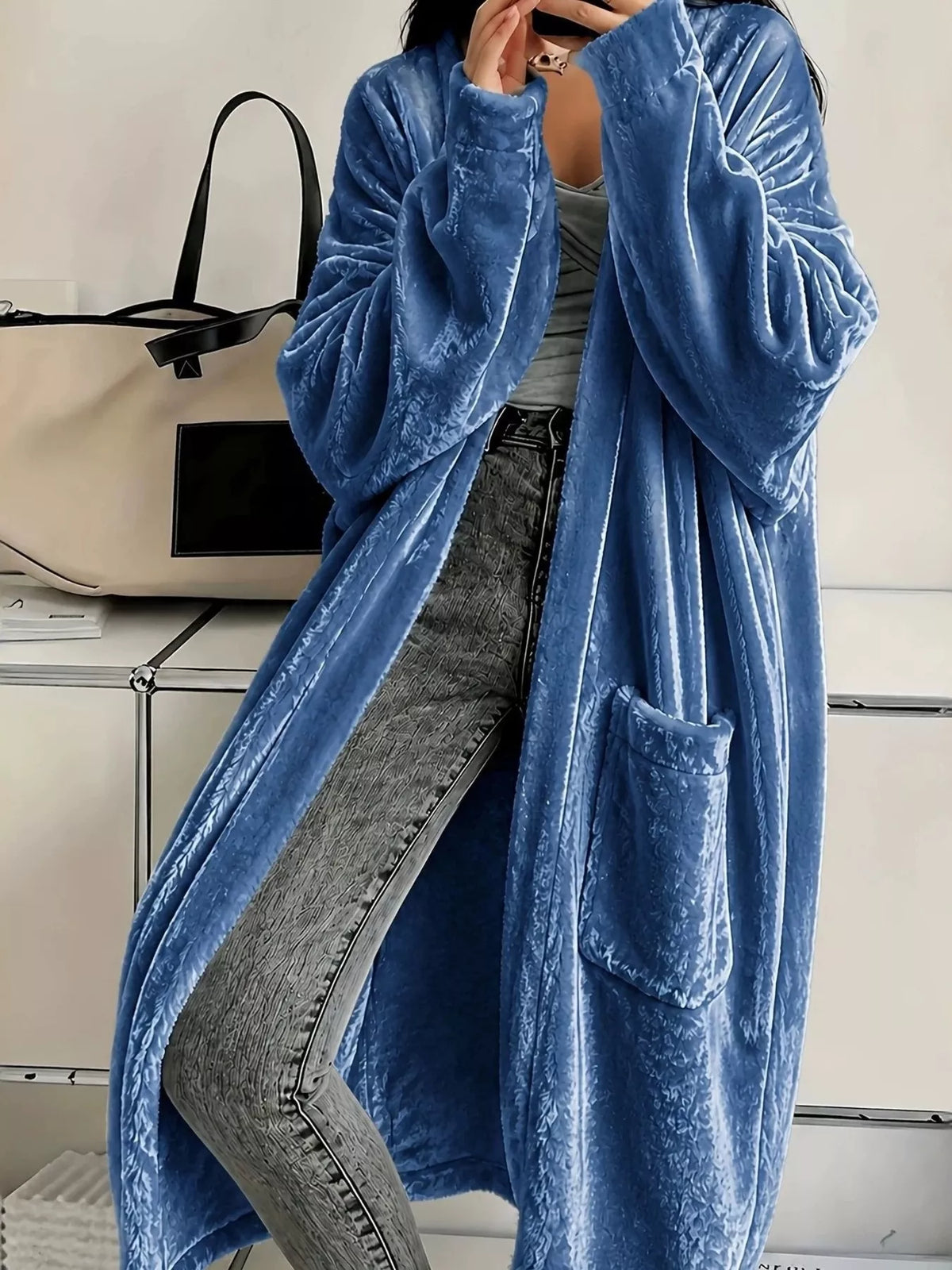 Gilet long en velours ouvert sur le devant pour femme – vue 13