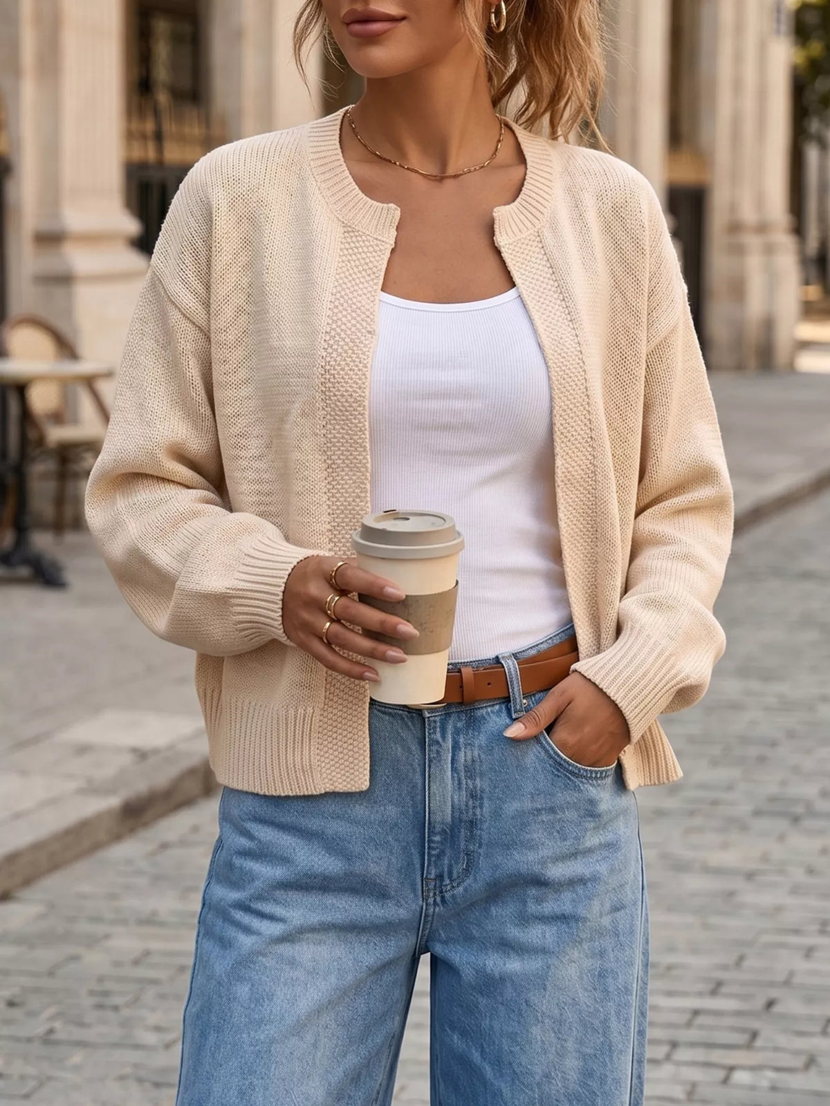 Gilet ouvert en maille à bords côtelés pour femme – vue 5