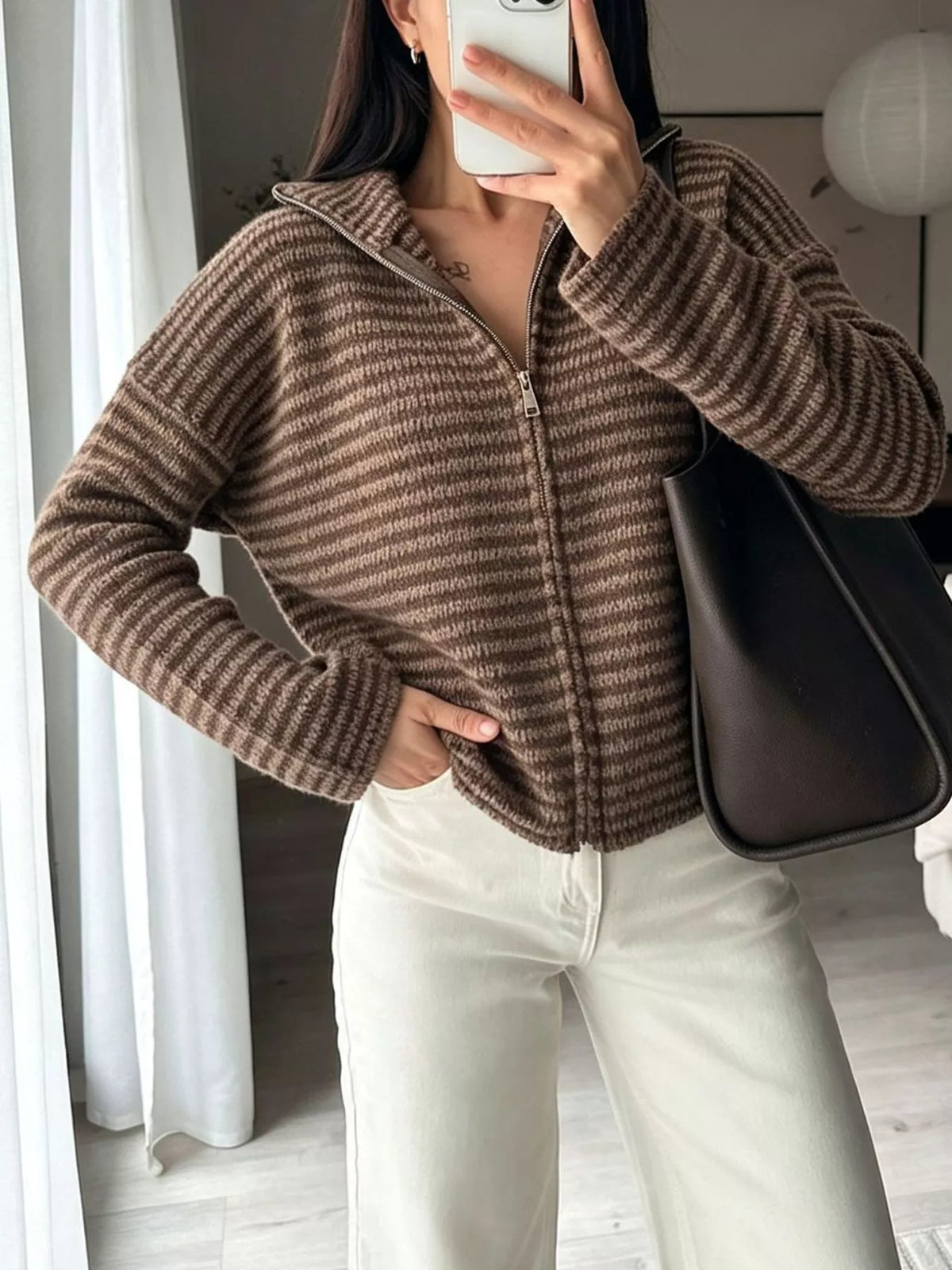 Gilet zippé femme rayé en maille – vue 12