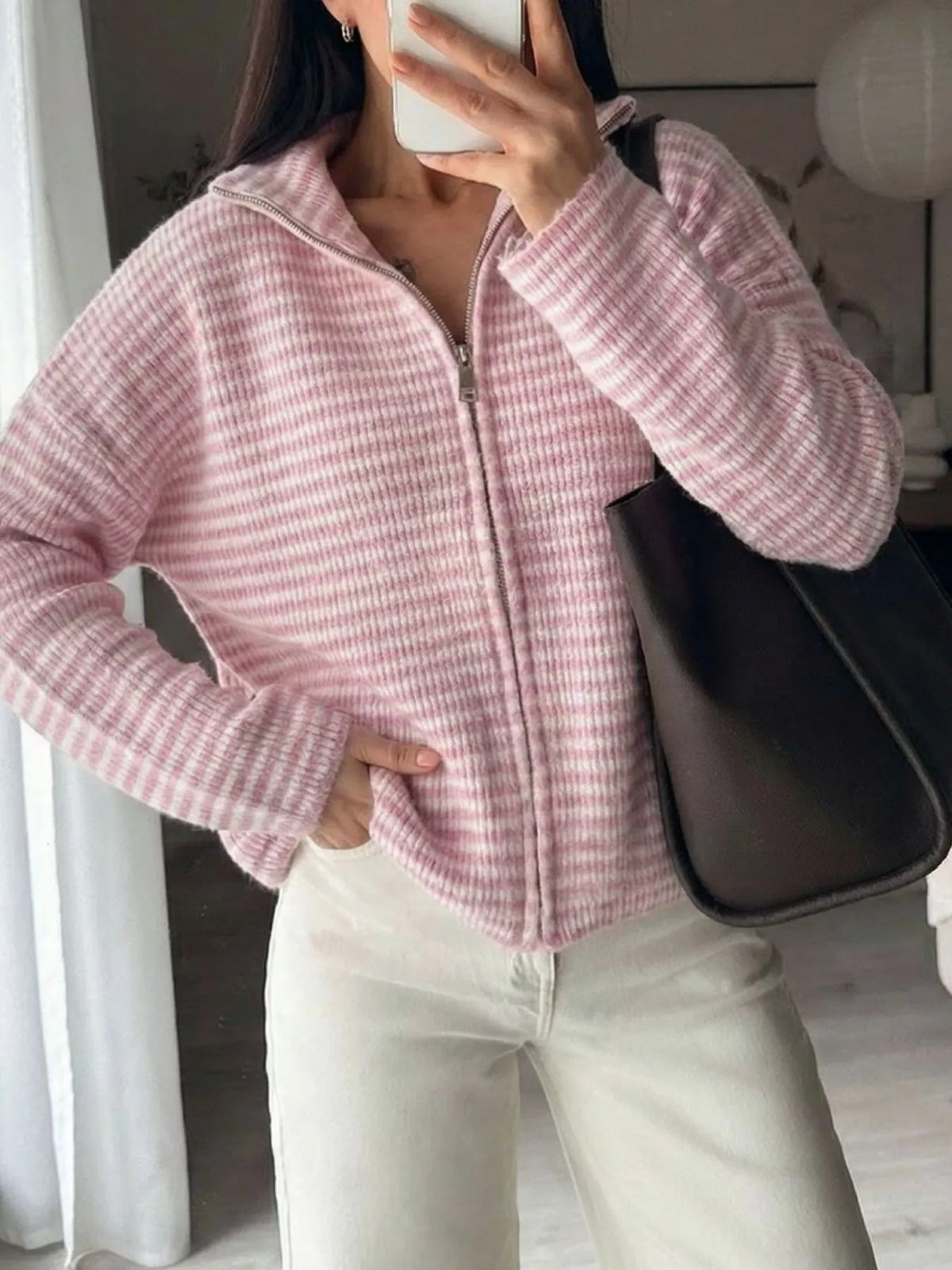 Gilet zippé femme rayé en maille – vue 14