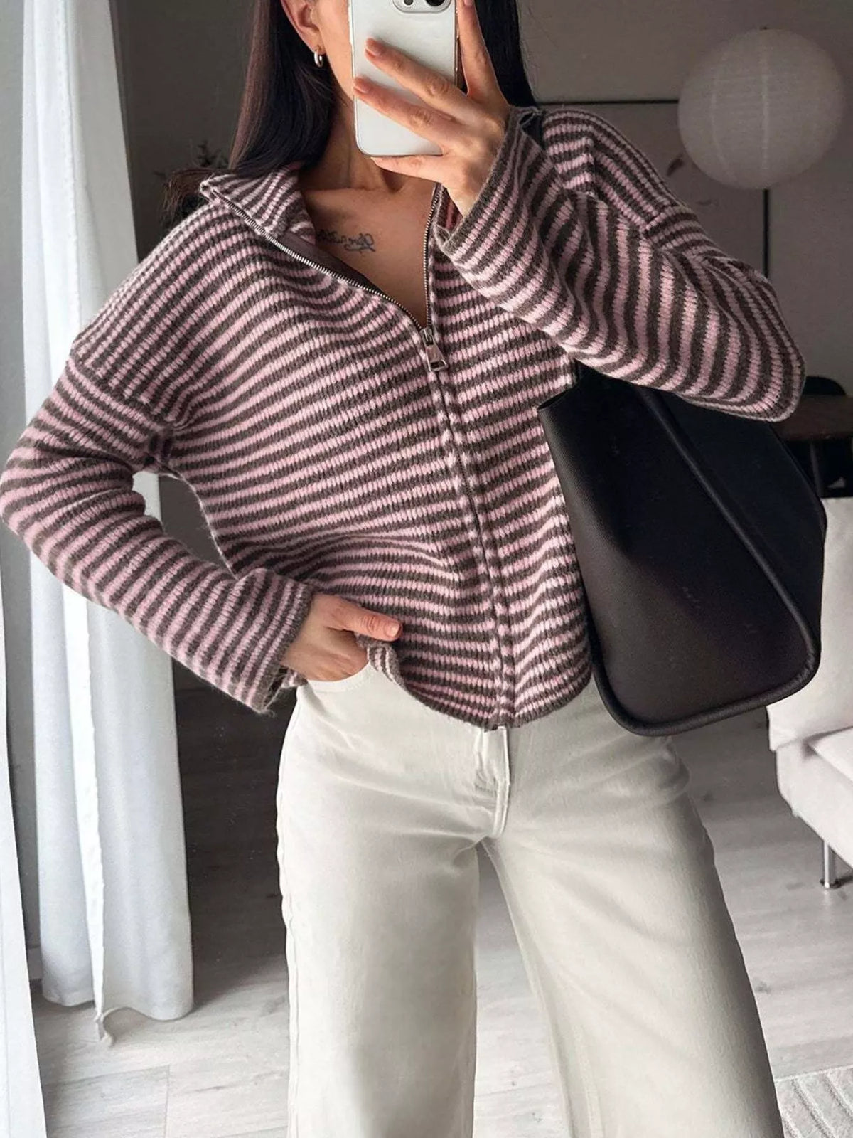 Gilet zippé femme rayé en maille – vue 7