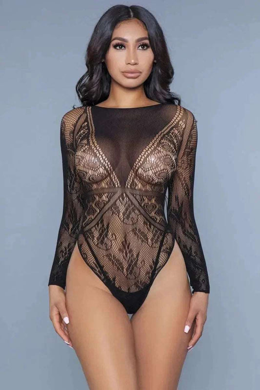 Heart Shape Detail With Floral Lace Bottom/sleeves Bodysuit. - Premium  - Shop now at Oléna-Fashion