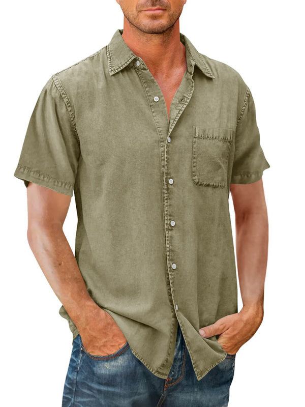 Chemise Homme Slim Fit Manche Courte Élégante Confortable Vert Olive