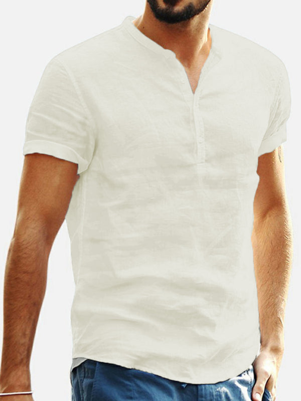Chemise Coton Lin Homme Essentielle : Manches Courtes Col en V Idéale pour l'Été Crème