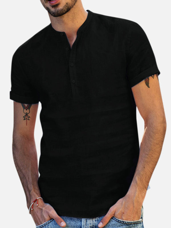Chemise Coton Lin Homme Essentielle : Manches Courtes Col en V Idéale pour l'Été Noir