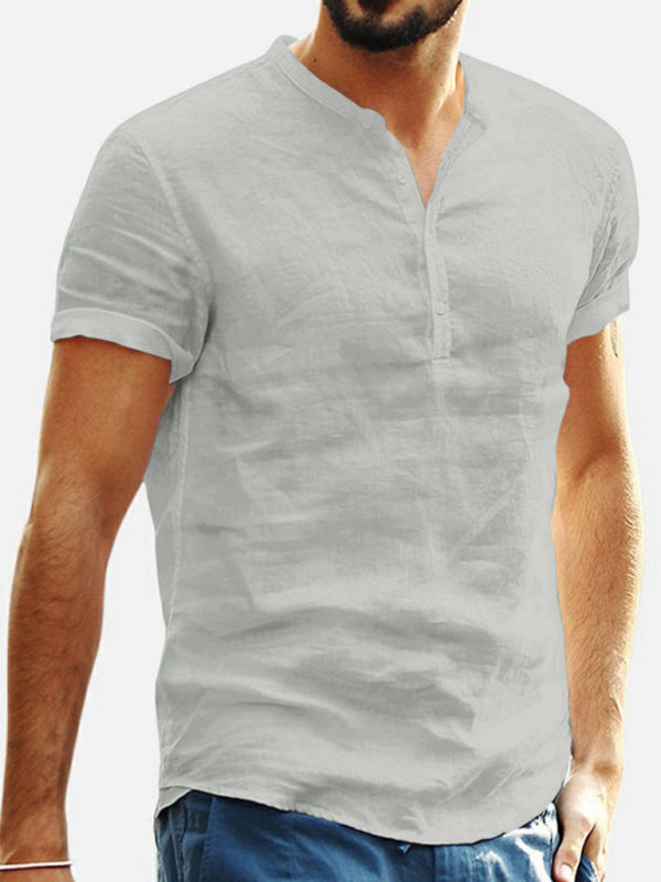 Chemise Coton Lin Homme Essentielle : Manches Courtes Col en V Idéale pour l'Été Gris