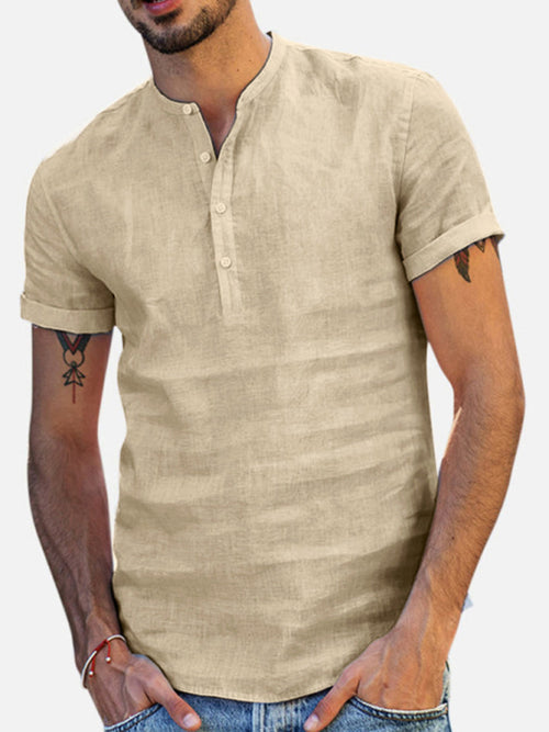 Chemise Coton Lin Homme Essentielle : Manches Courtes Col en V Idéale pour l'Été Khaki
