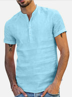 Chemise Coton Lin Homme Essentielle : Manches Courtes Col en V Idéale pour l'Été Bleu ciel