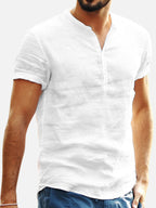 Chemise Coton Lin Homme Essentielle : Manches Courtes Col en V Idéale pour l'Été Blanc