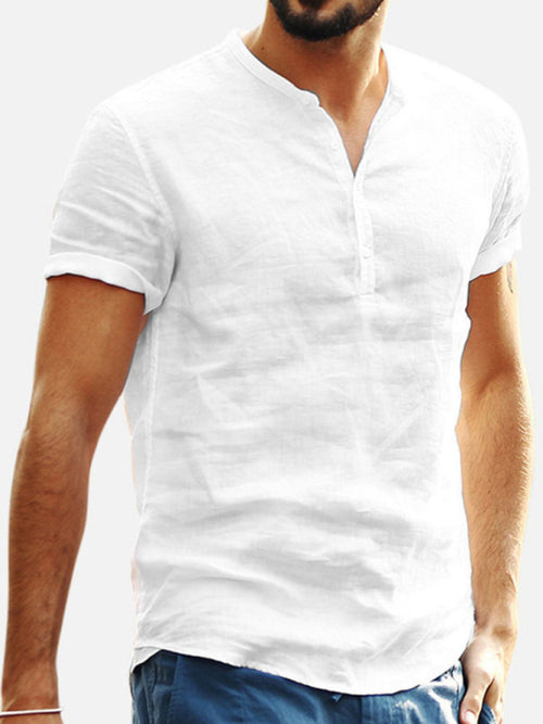 Chemise Coton Lin Homme Essentielle : Manches Courtes Col en V Idéale pour l'Été Blanc