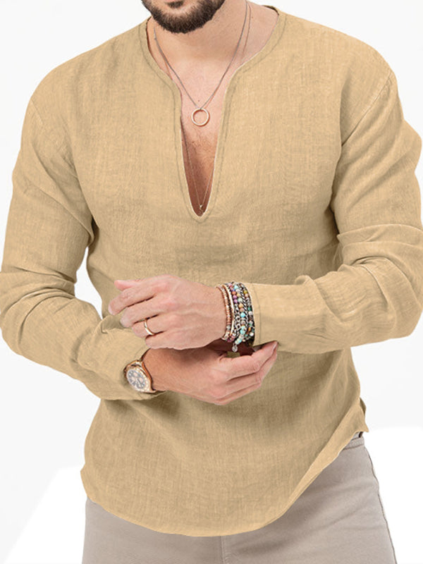 T-shirt homme à manches longues : col en V profond Khaki