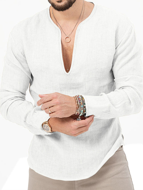 T-shirt homme à manches longues : col en V profond White