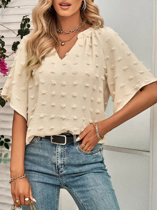 Top Femme Décontracté Col V Pompons – Élégance Printanière - Oléna-Fashion