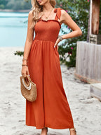 Combinaison Pantalon Large Taille Haute Bretelles Chic Orange